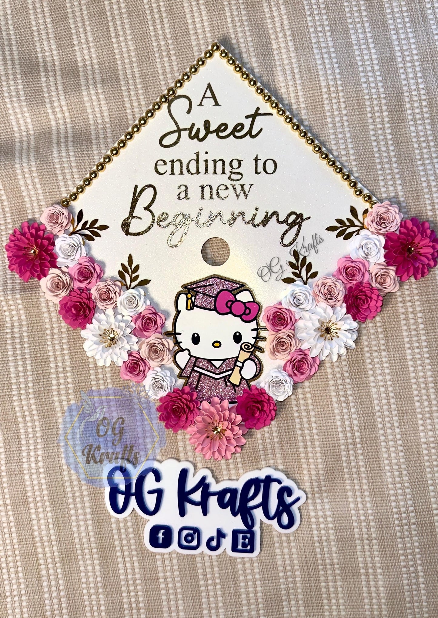 Graduation Cap Topper Personalized Grad Cap Glitter Grad Cap Class of 2026 A Sweet Ending to a new Beginning Character Grad Cap Topper Pink