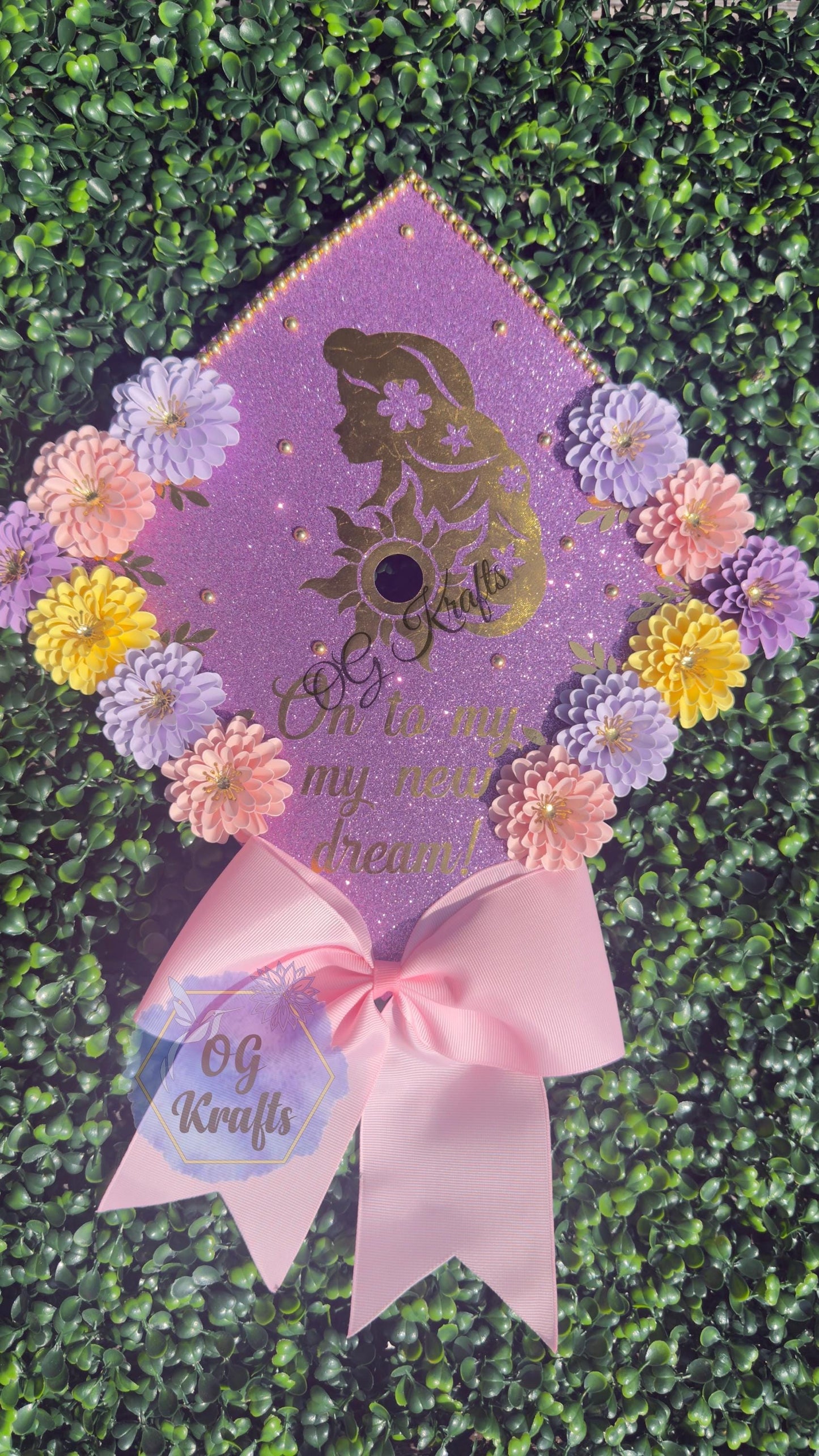 On to my new dream Purple Princess Graduation Cap Topper Custom Grad Cap Topper Princess Colored Flowers Class of 2026