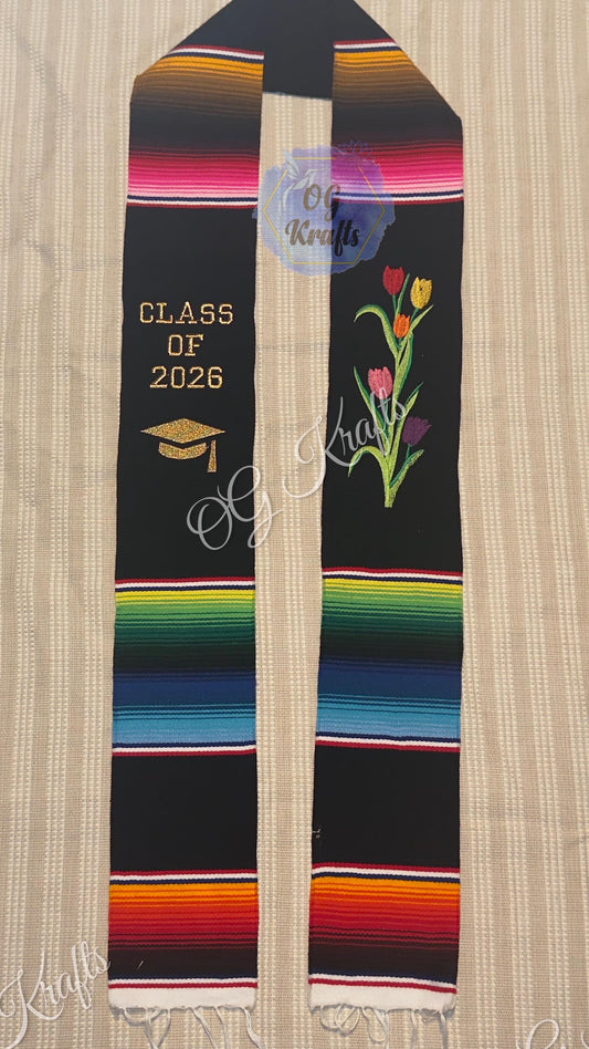 Tulips Flower Grad Sash Custom Mexican Sarape Graduation Stole Embroidered Flowers Class of 2026 Mexican Flowers Graduation Stole