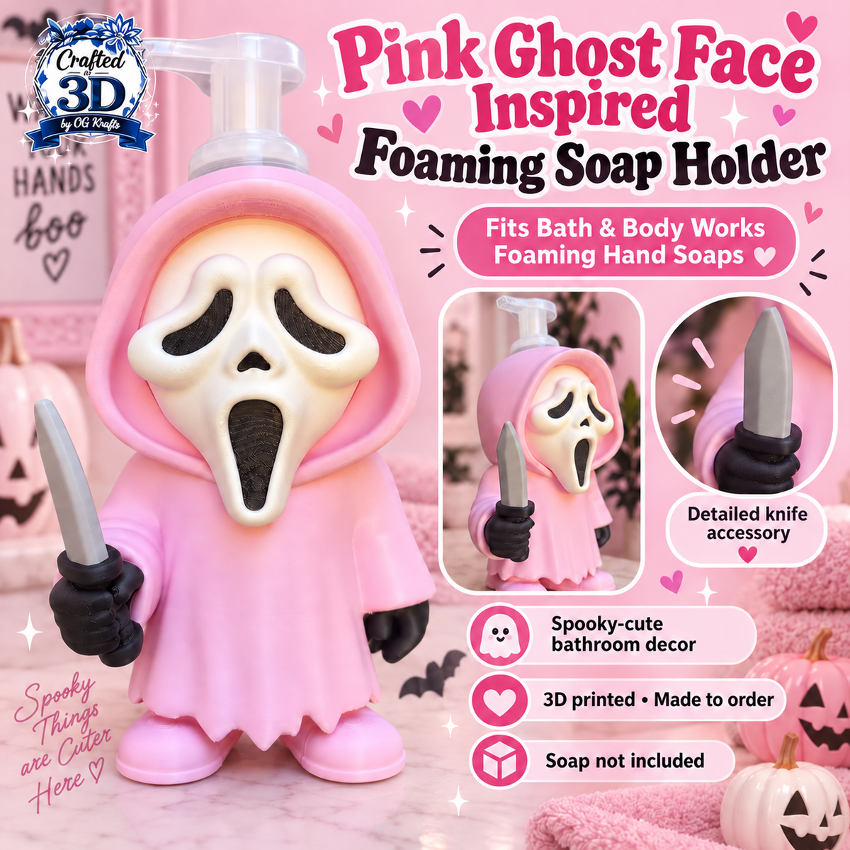 Pink Ghost Face Inspired Foaming Soap Holder | 3D Printed Horror Bathroom Decor