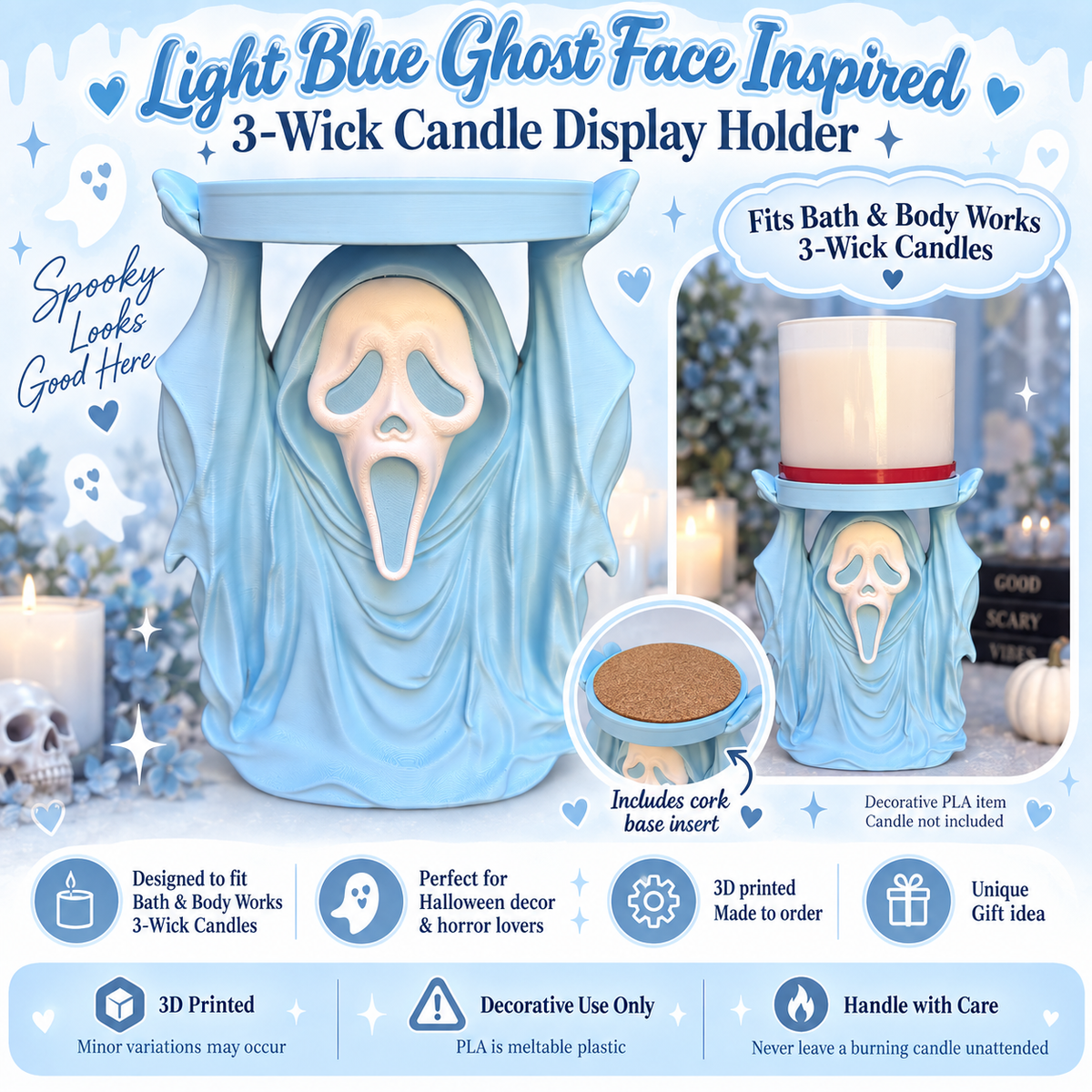 Light Blue Ghost Face Inspired 3-Wick Candle Display Holder | Fits Bath & Body Works Candles