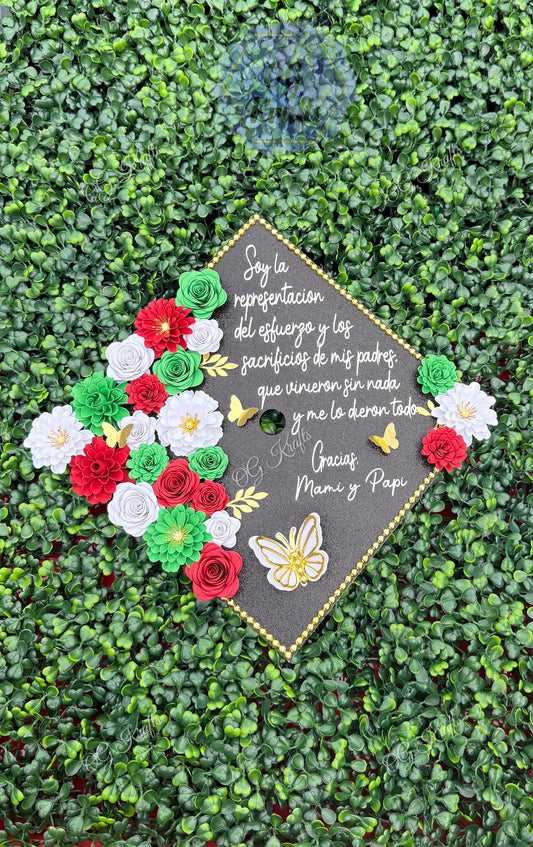 Custom Graduation Cap Topper  Mexican Colored Flowers  Class of 2026  Gracias Mami y Papi Graduation Cap Topper Thanks Mom & Dad Cap Topper