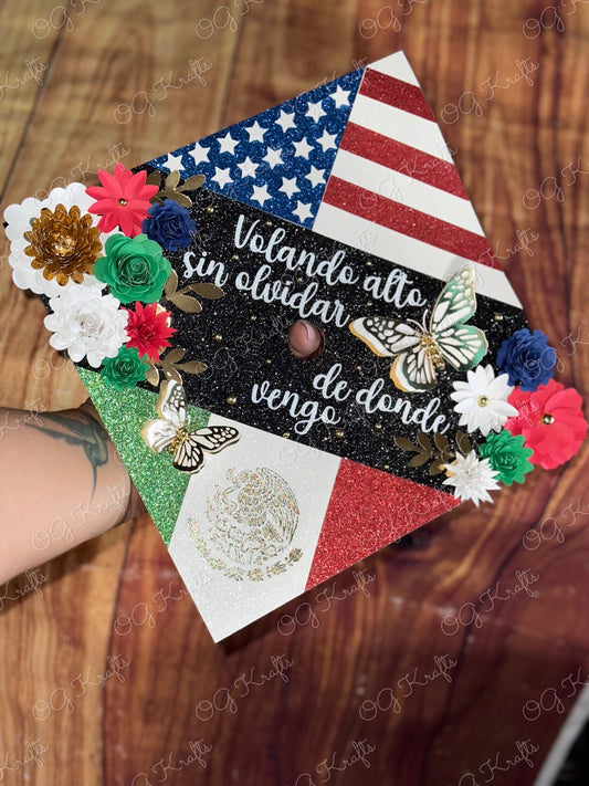 Customizable Graduation Cap Topper Mexican American Flags & Paper Flowers  Class of 2026  Dual Flags Topper Dual Nationality Grad Cap Topper