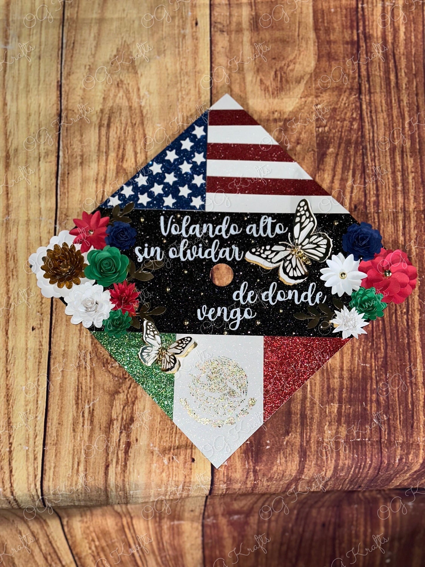 Customizable Graduation Cap Topper Mexican American Flags & Paper Flowers  Class of 2026  Dual Flags Topper Dual Nationality Grad Cap Topper