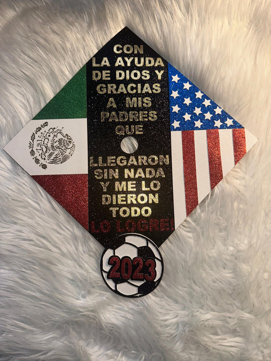 Custom Graduation Cap Topper  Mexican & American Flags  Class of 2026  Sports Cap Topper  Soccer Graduation Cap Topper Dual Nationality Grad