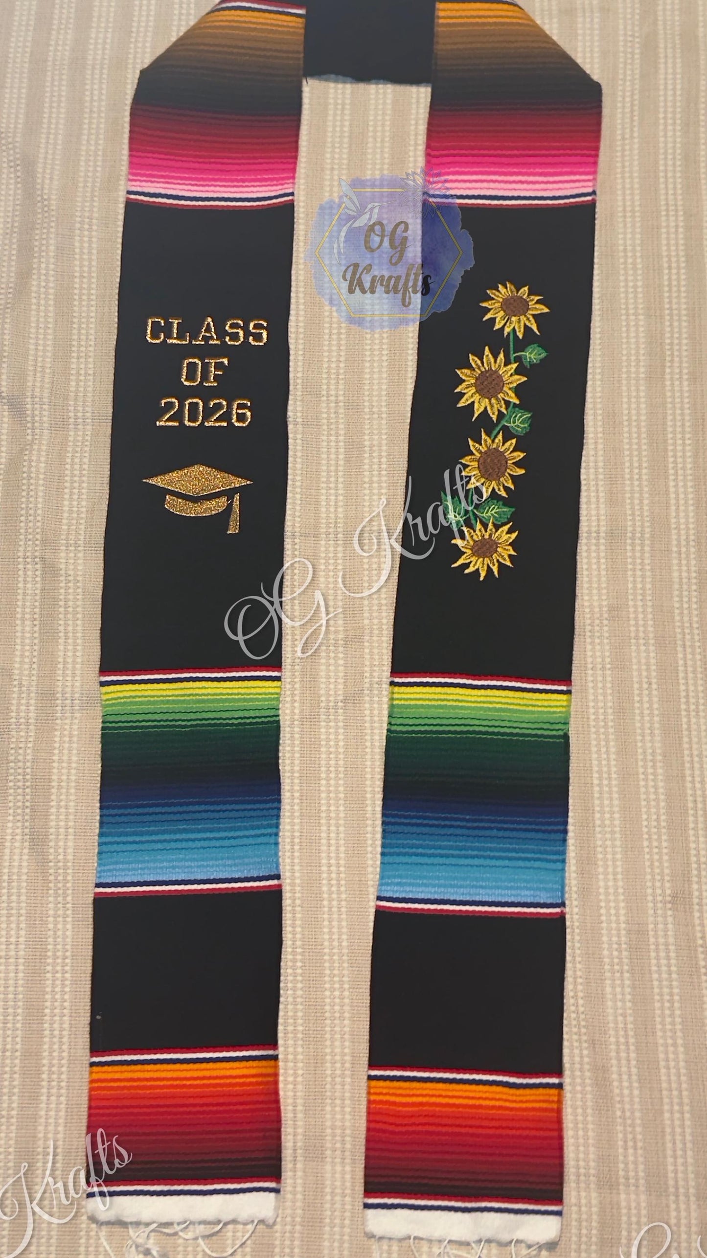 Sunflowers Grad Sash Custom Mexican Sarape Graduation Stole Embroidered Flowers Class of 2026 Mexican Flowers Graduation Stole