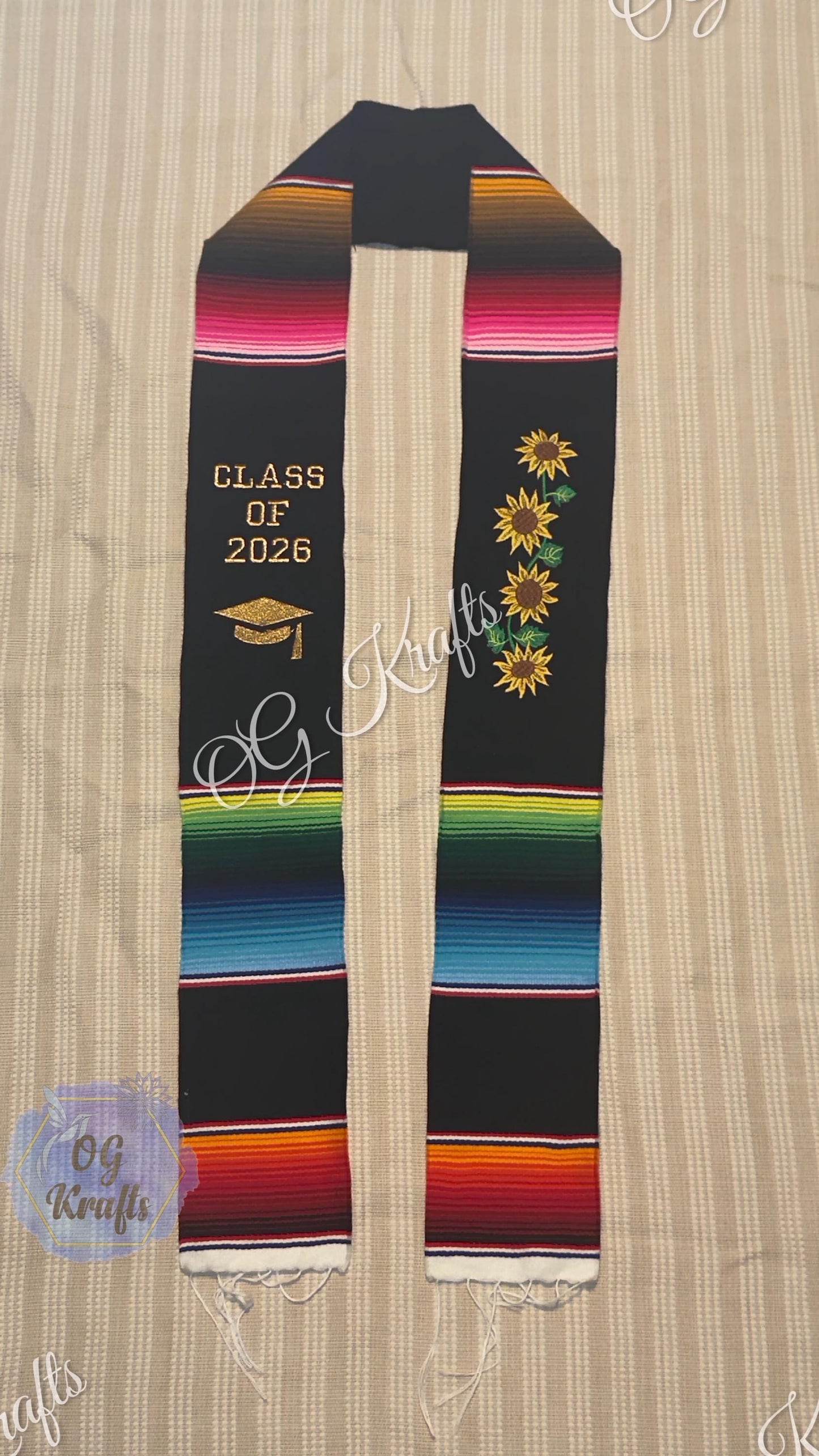 Sunflowers Grad Sash Custom Mexican Sarape Graduation Stole Embroidered Flowers Class of 2026 Mexican Flowers Graduation Stole