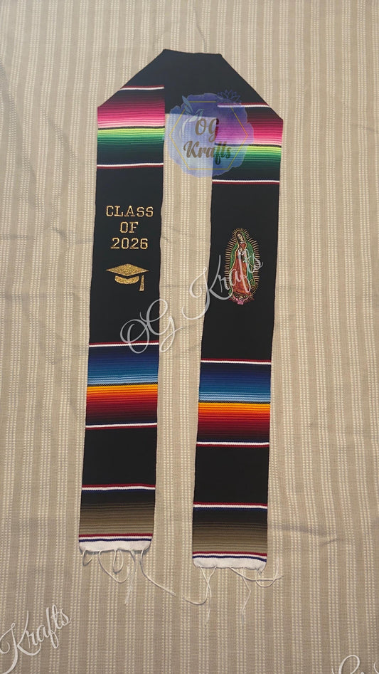 Virgen Class of 2026 Mexican Sarape Graduation Stole Graduation Gift Virgencita sarape Stole Black Grad sash