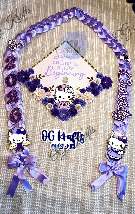 Kitty Graduation Topper Lei Bundle Personalized Grad Cap  Graduation Lei Class of 2026  Graduation Topper  kitty Topper and Lei Purple Grad
