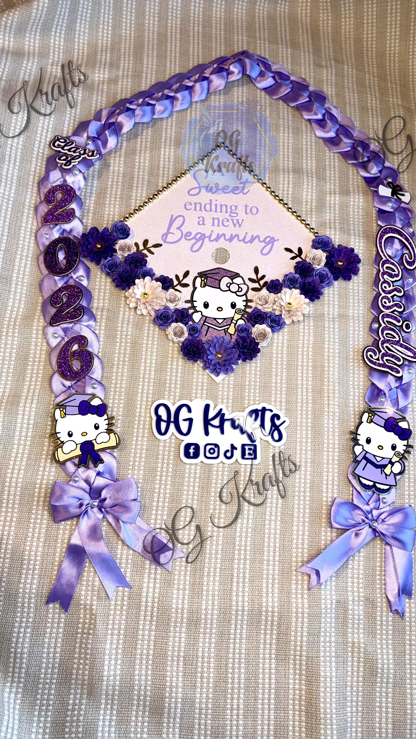 Kitty Graduation Topper Lei Bundle Personalized Grad Cap  Graduation Lei Class of 2026  Graduation Topper  kitty Topper and Lei Purple Grad