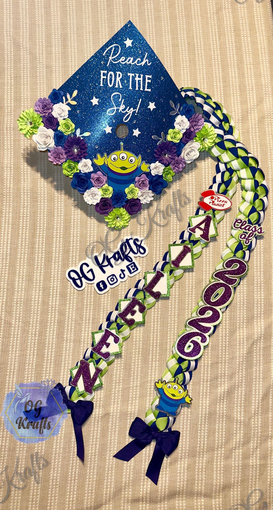 Alien Graduation Topper Lei Bundle Personalized Grad Cap  Graduation Lei Class of 2026 Graduation Topper Reach for the Sky Topper Lei Bundle