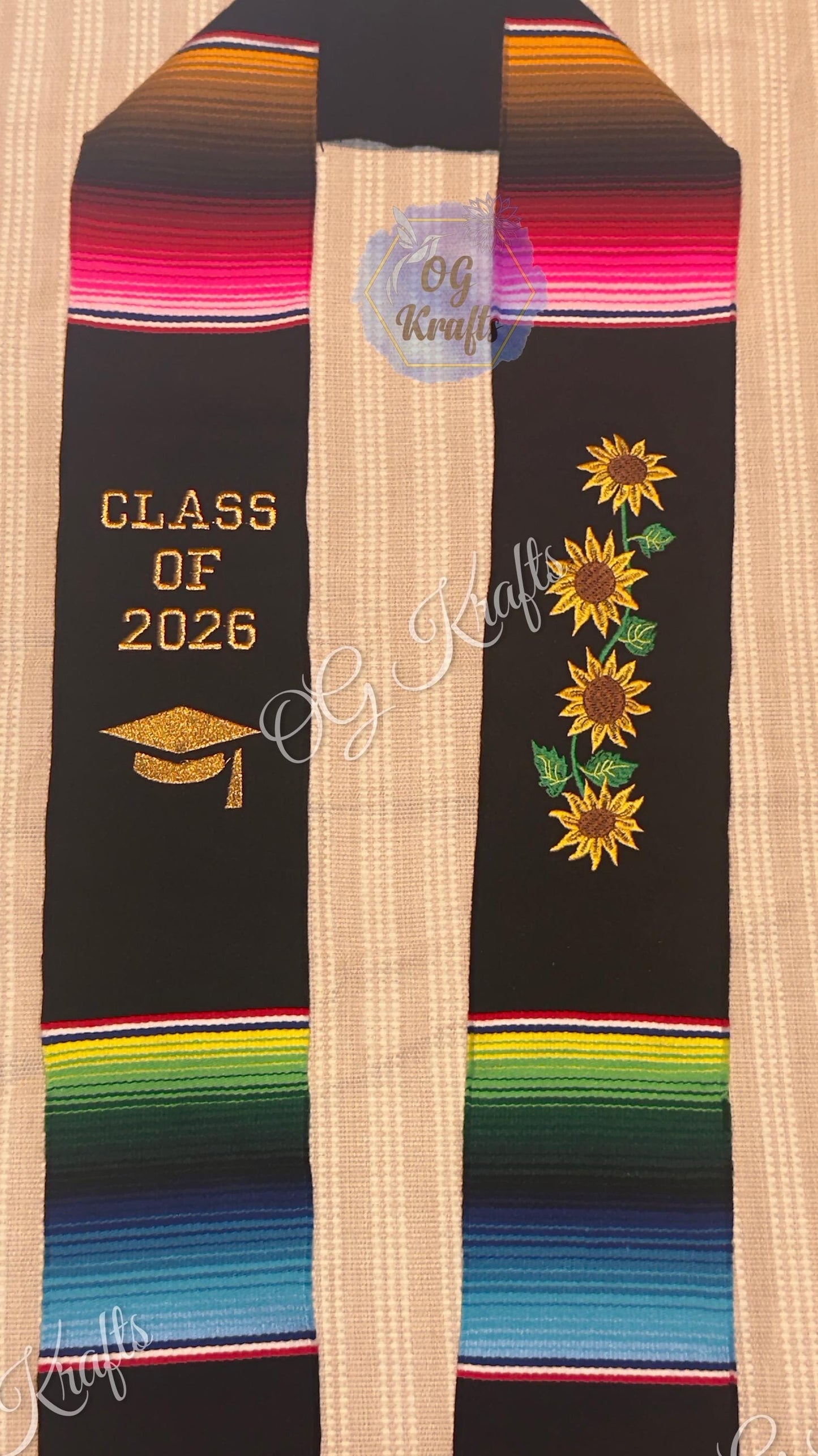 Sunflowers Grad Sash Custom Mexican Sarape Graduation Stole Embroidered Flowers Class of 2026 Mexican Flowers Graduation Stole