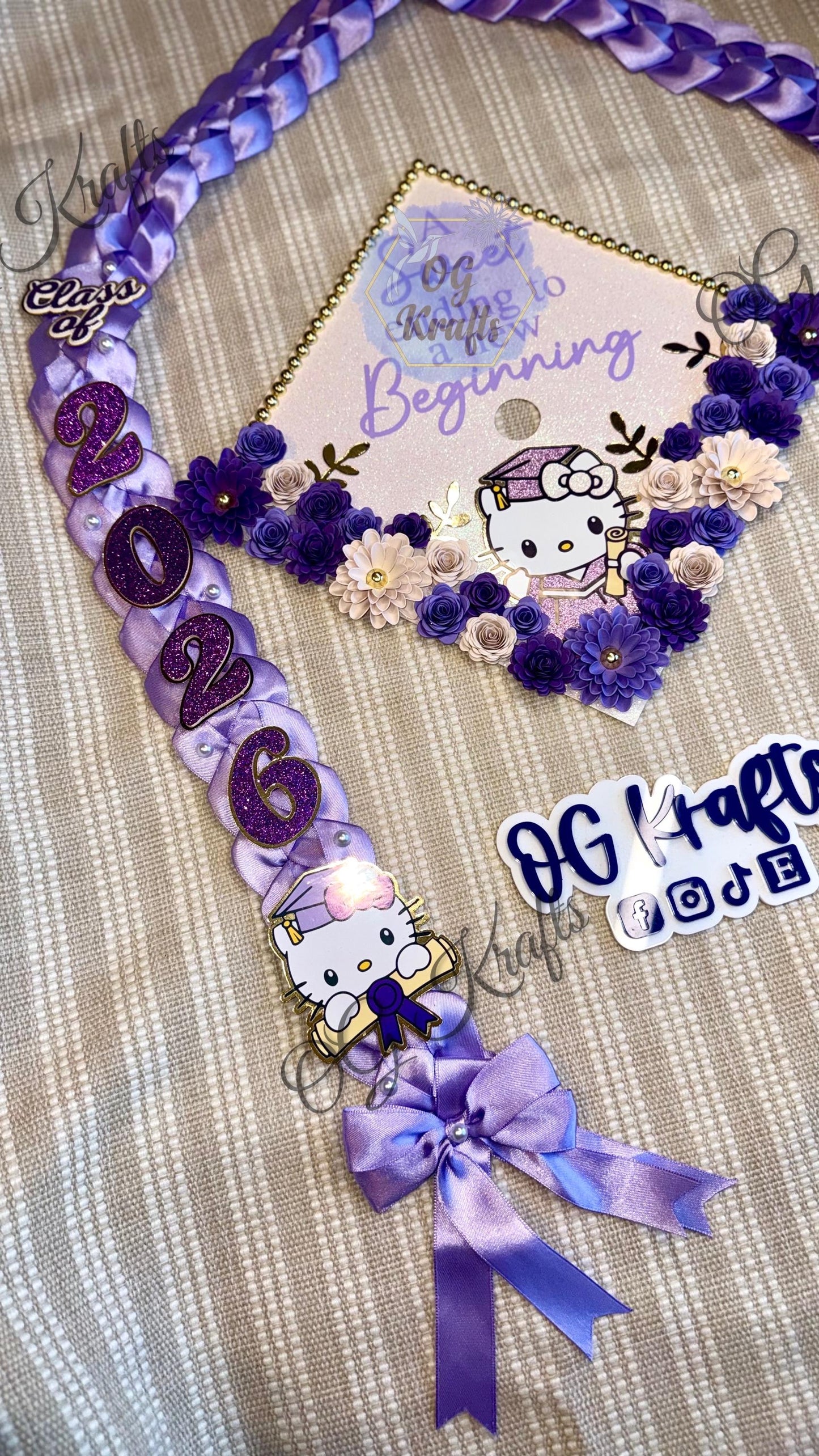 Kitty Graduation Topper Lei Bundle Personalized Grad Cap  Graduation Lei Class of 2026  Graduation Topper  kitty Topper and Lei Purple Grad
