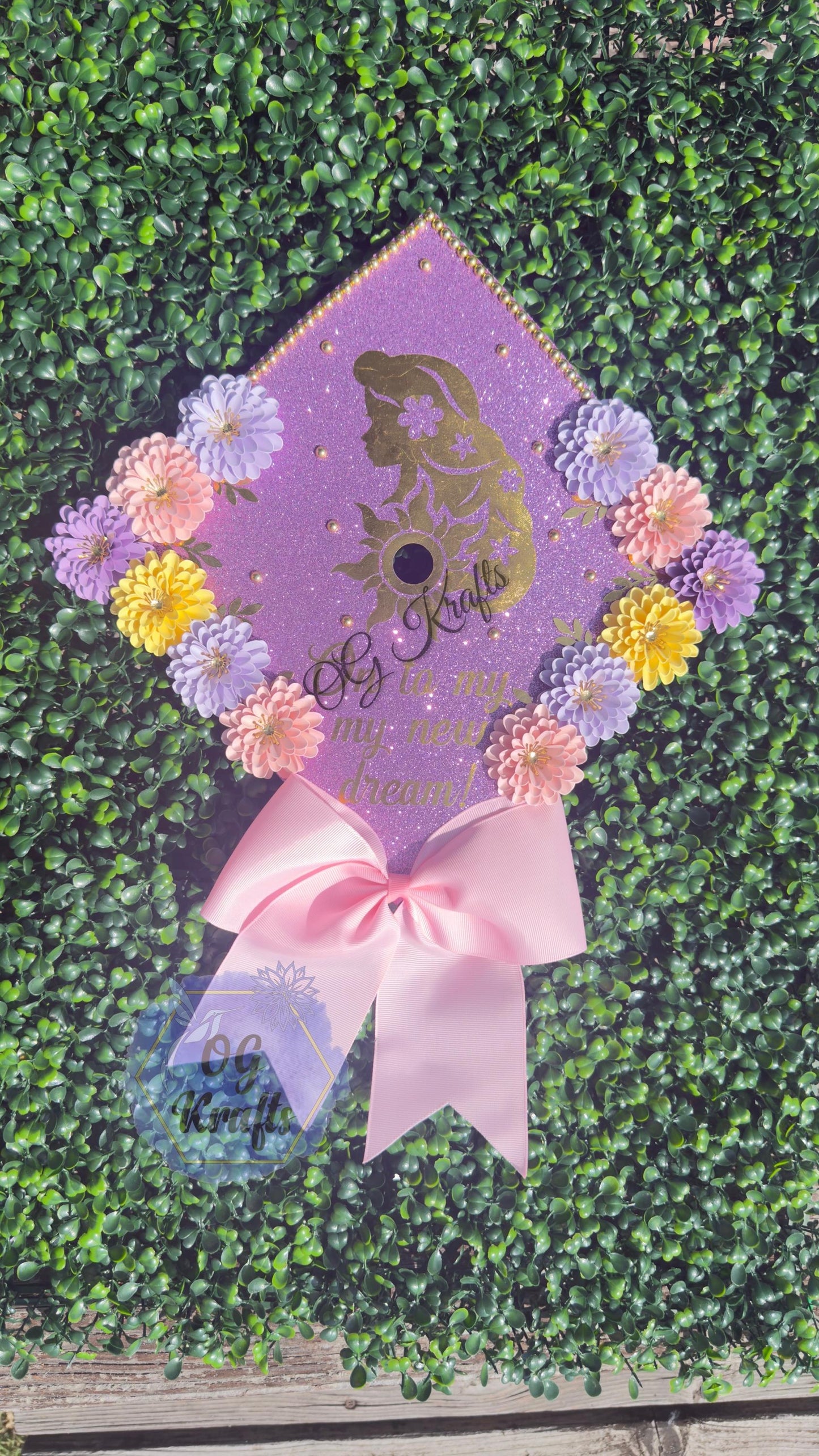 On to my new dream Purple Princess Graduation Cap Topper  Custom Grad Cap Topper Princess Colored Flowers  Class of 2026