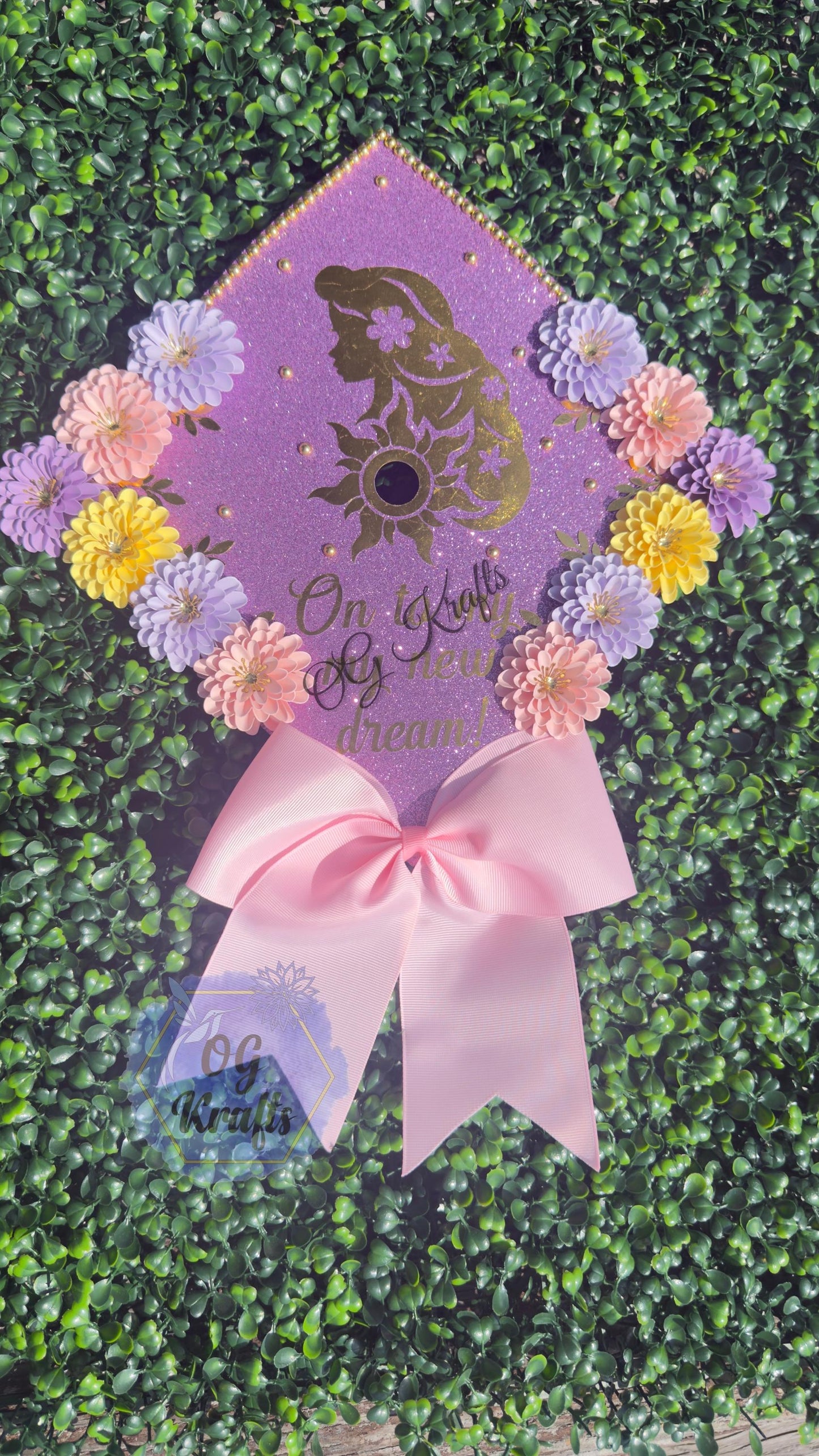 On to my new dream Purple Princess Graduation Cap Topper  Custom Grad Cap Topper Princess Colored Flowers  Class of 2026