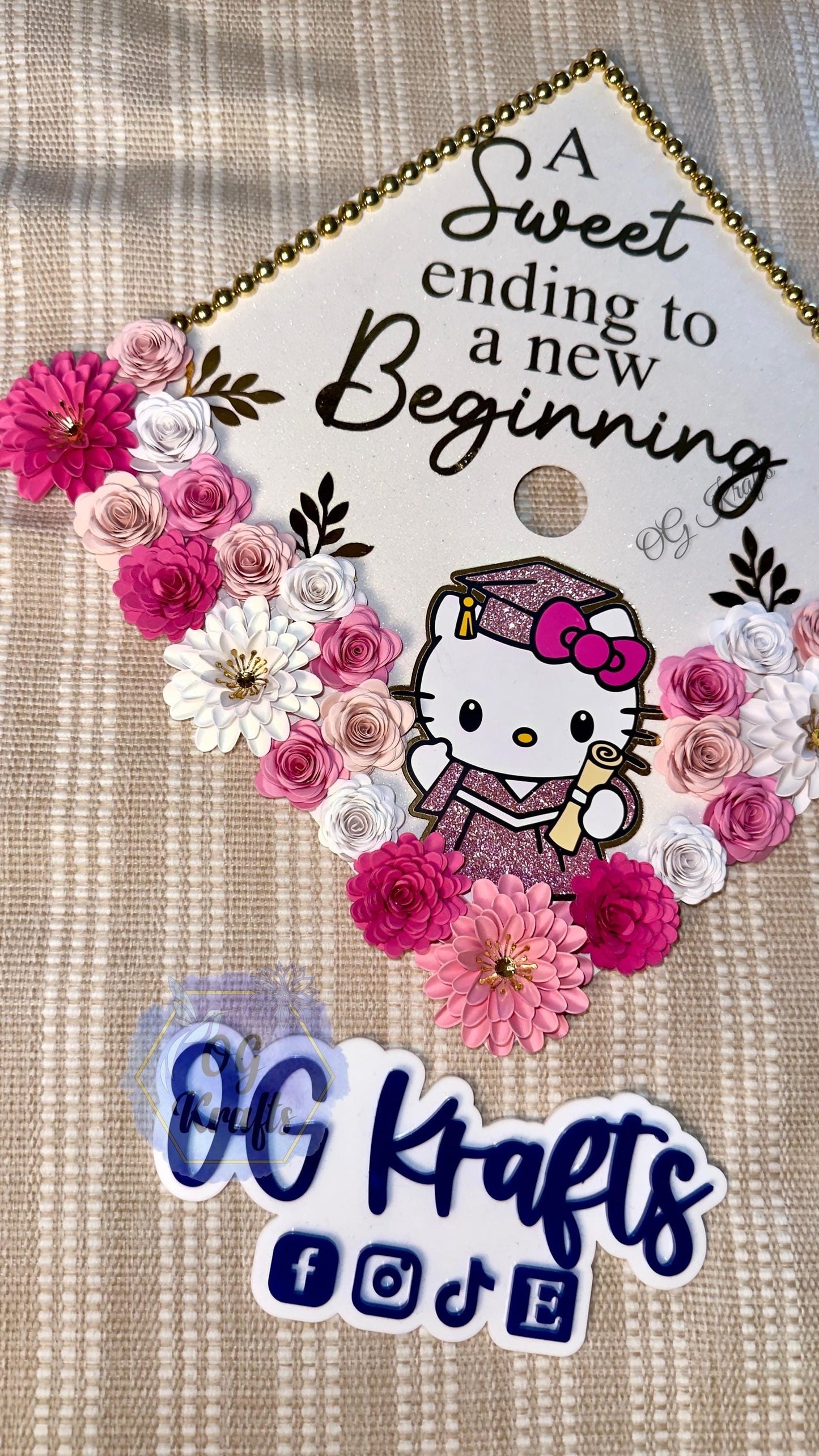 Graduation Cap Topper Personalized Grad Cap Glitter Grad Cap Class of 2026 A Sweet Ending to a new Beginning Character Grad Cap Topper Pink