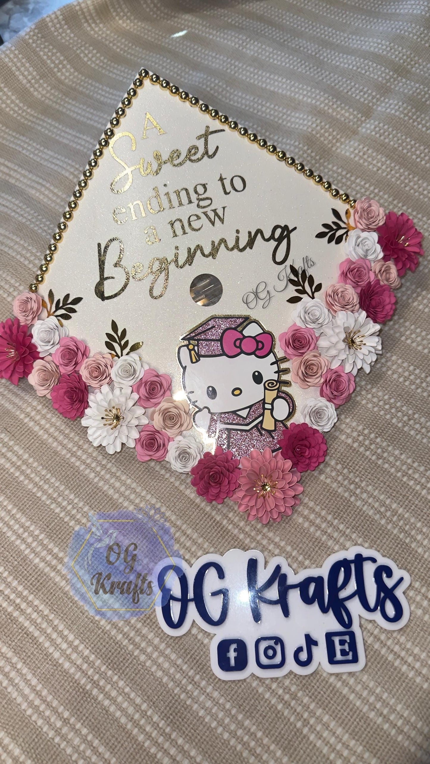 Graduation Cap Topper Personalized Grad Cap Glitter Grad Cap Class of 2026 A Sweet Ending to a new Beginning Character Grad Cap Topper Pink