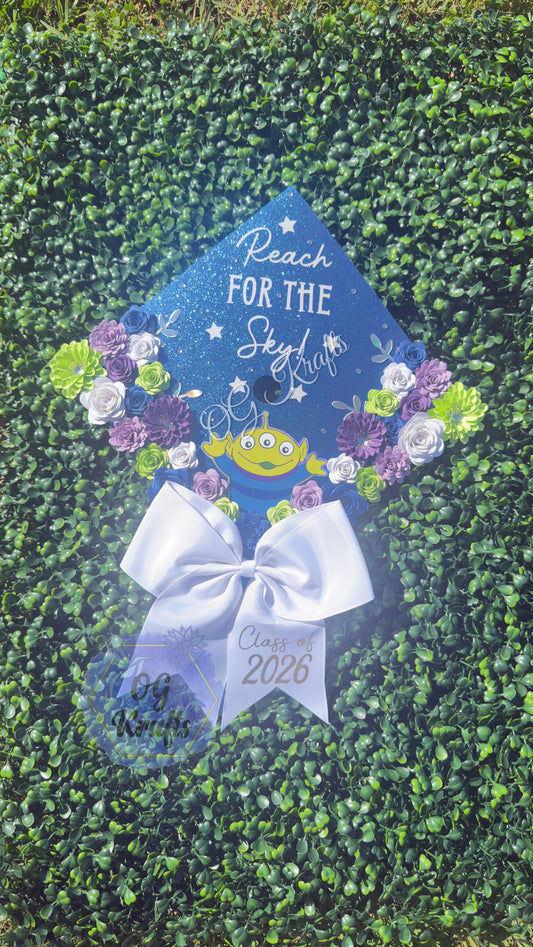 Reach for the Sky Graduation Cap Topper Senior Night Class of 2026 Graduation Topper Grad Cap Designs Viral Girly Alien Cap Topper w/ Bow
