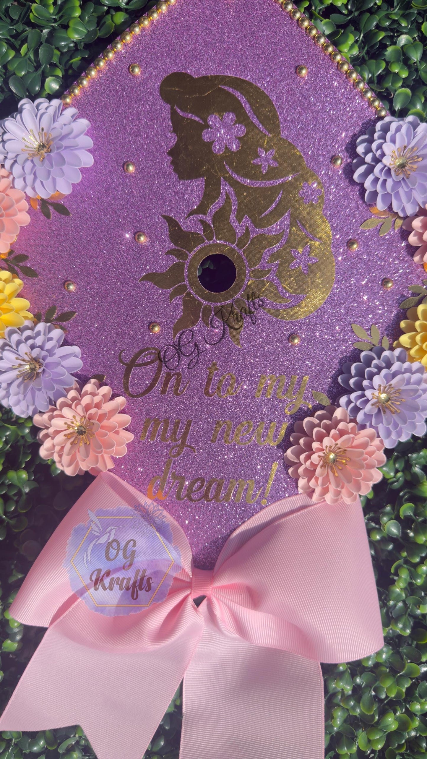 On to my new dream Purple Princess Graduation Cap Topper  Custom Grad Cap Topper Princess Colored Flowers  Class of 2026