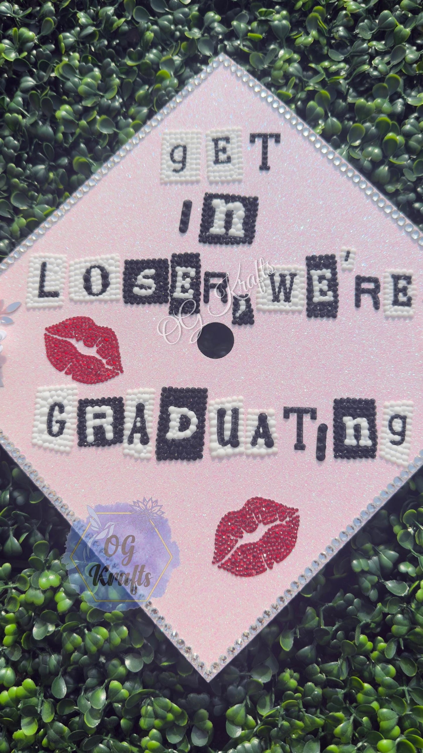 Get in Loser partial bling graduation cap topper Class of 2026 custom grad cap Senior 2026 Cute Girly Bling Grad Cap Design Pink Girly Grad