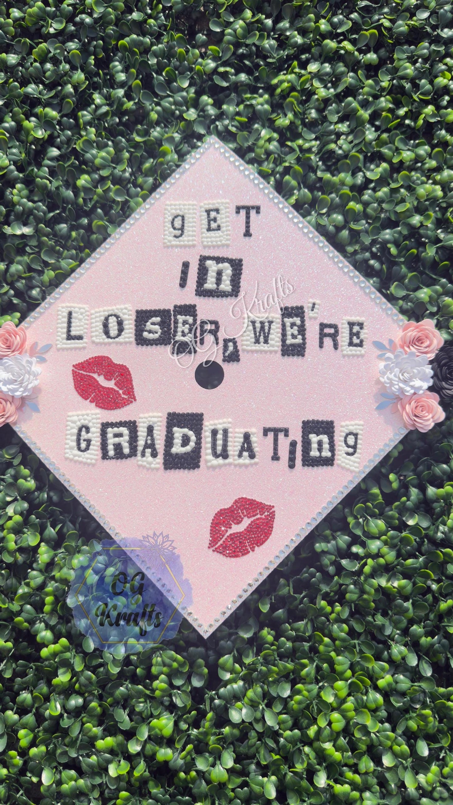 Get in Loser partial bling graduation cap topper Class of 2026 custom grad cap Senior 2026 Cute Girly Bling Grad Cap Design Pink Girly Grad