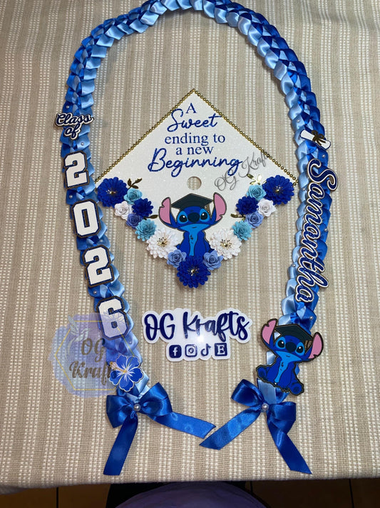 Blue Alien Graduation Topper/Lei Bundle Personalized Grad Cap  Graduation Lei Class of 2026  Graduation Topper Grad Gift Topper/Lei