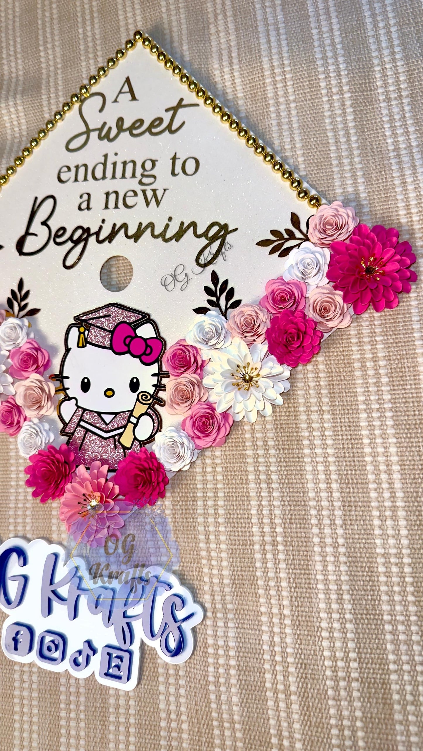 Graduation Cap Topper Personalized Grad Cap Glitter Grad Cap Class of 2026 A Sweet Ending to a new Beginning Character Grad Cap Topper Pink