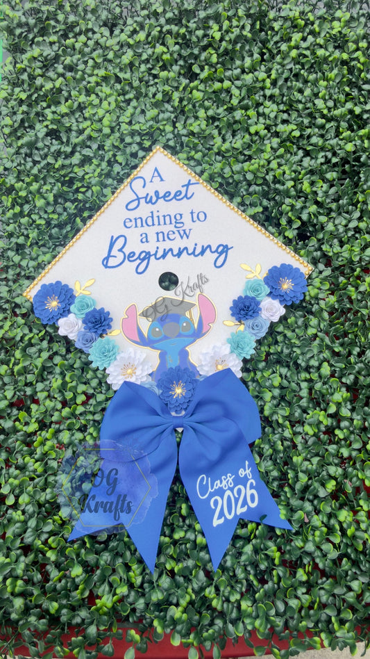 Cute Blue Alien Graduation Cap Topper Personalized Grad Cap Glitter Grad Cap Class of 2026 Graduation Topper Girly Custom Grad Cap with Bow