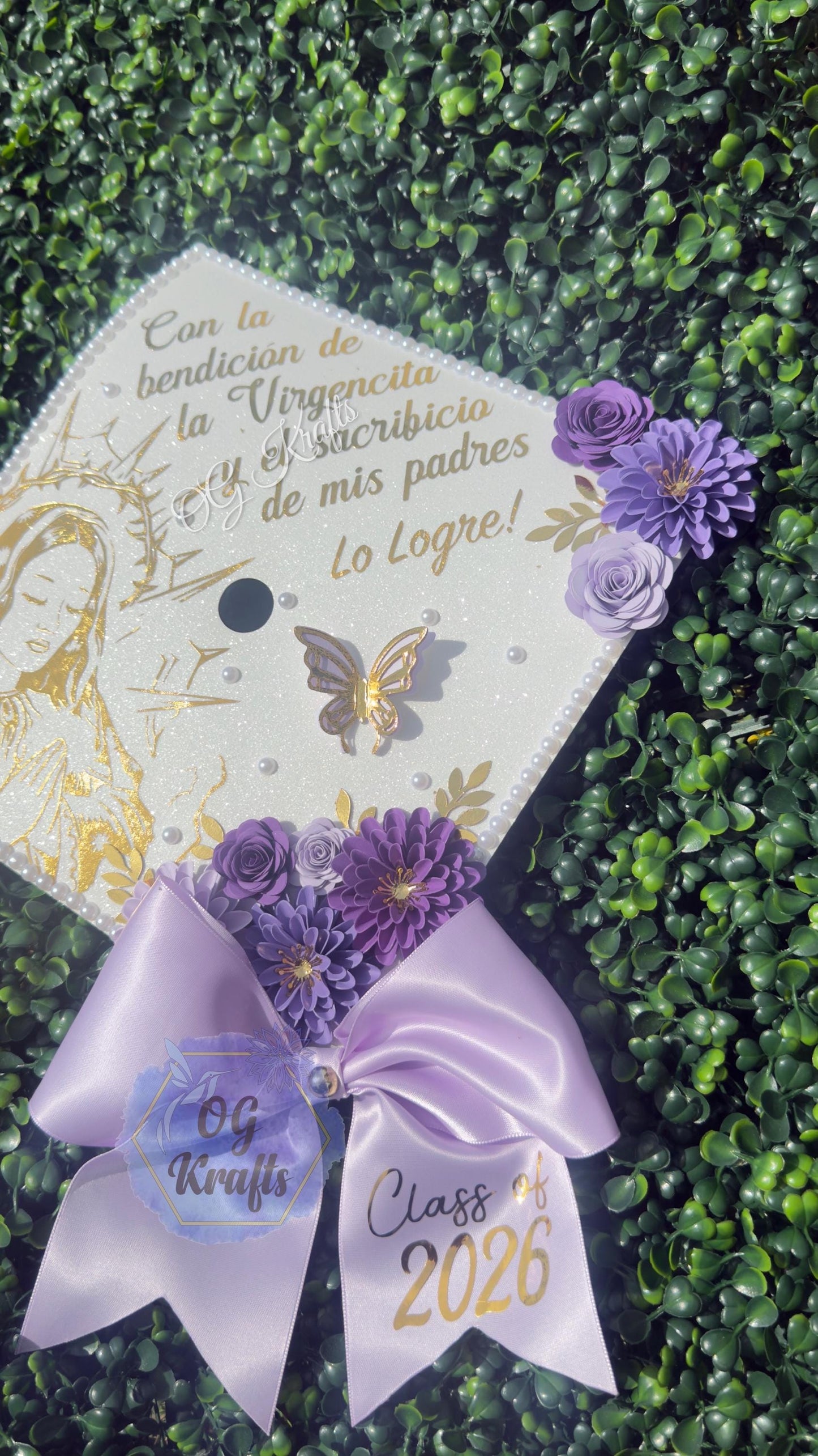 READY TO SHIP Virgen Purple Graduation Cap Topper Class of 2026 Cute Virgencita Grad Cap Topper Virgencita Flower Grad Cap with Bow Viral