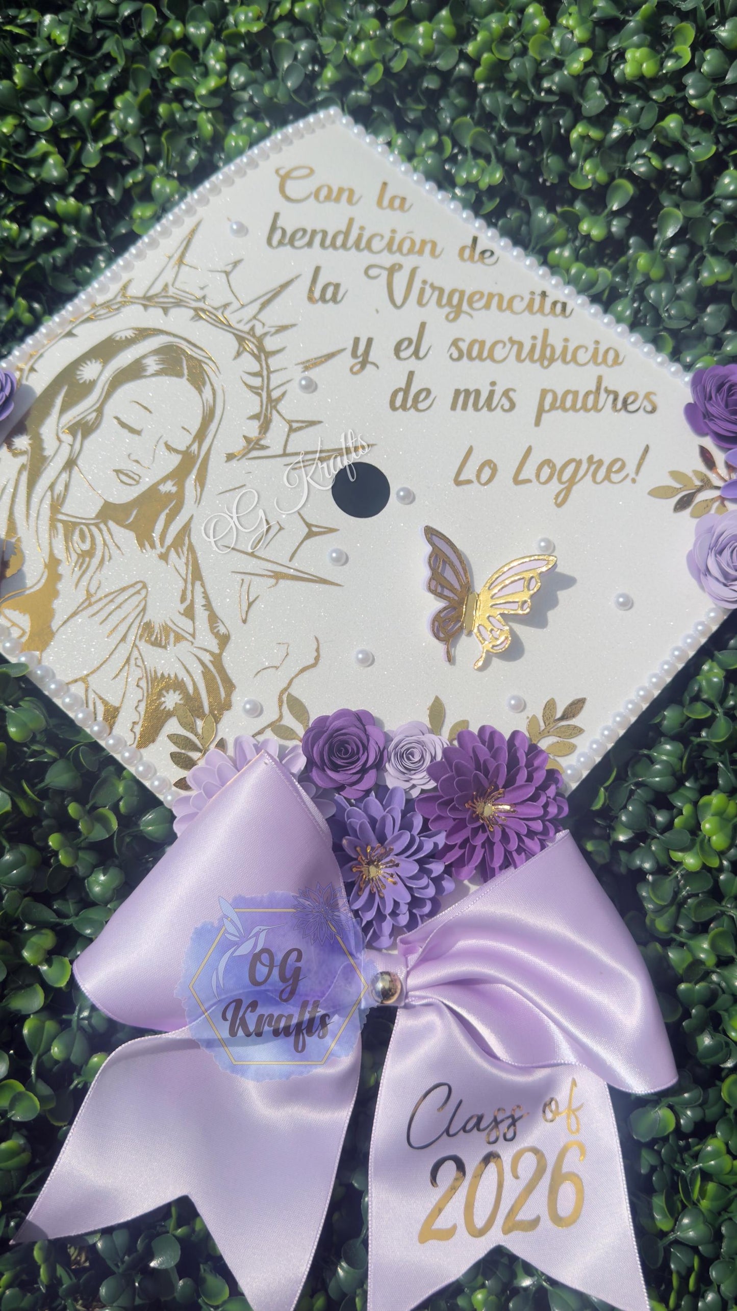 Virgen Purple Graduation Cap Topper Class of 2026 Cute Virgencita Grad Cap Topper Virgencita Flower Grad Cap with Bow Virgin Mary Girly Grad