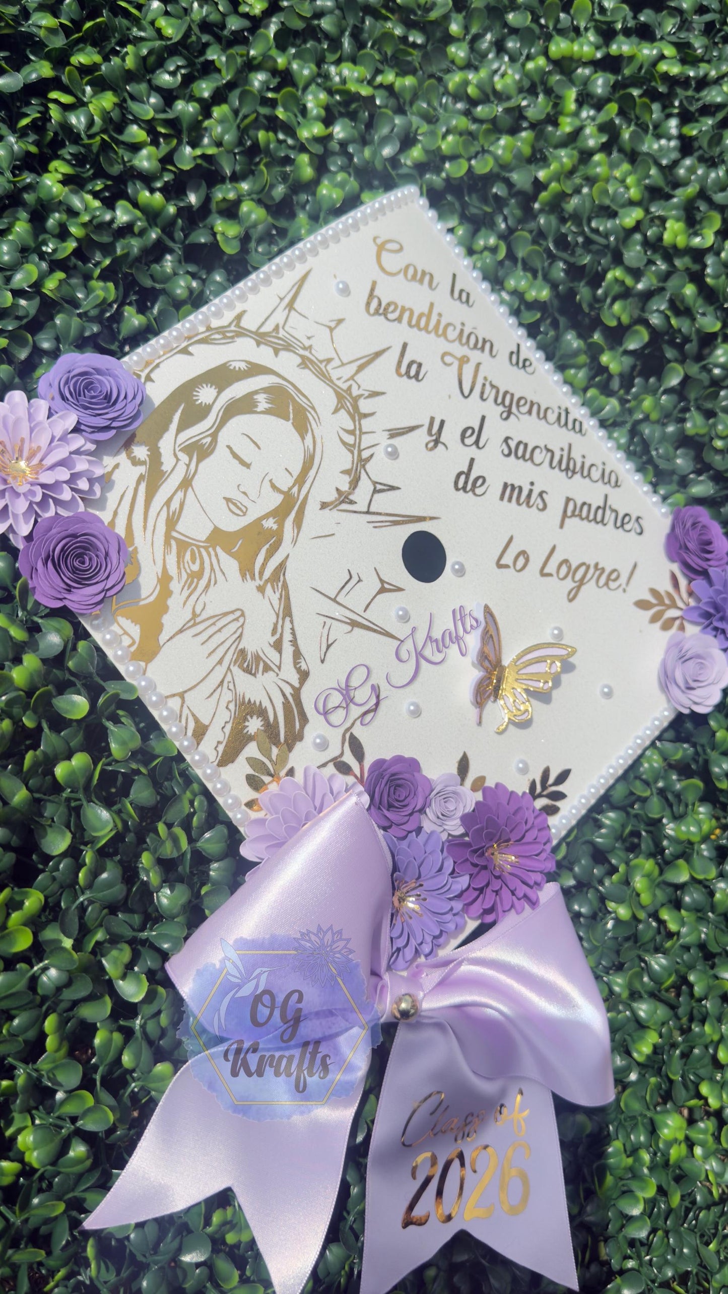 READY TO SHIP Virgen Purple Graduation Cap Topper Class of 2026 Cute Virgencita Grad Cap Topper Virgencita Flower Grad Cap with Bow Viral