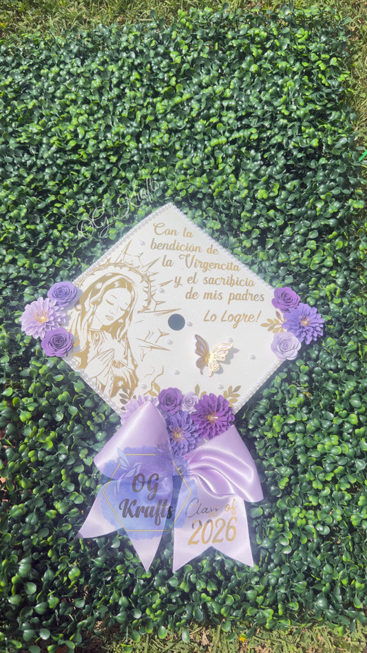 Virgen Purple Graduation Cap Topper Class of 2026 Cute Virgencita Grad Cap Topper Virgencita Flower Grad Cap with Bow Virgin Mary Girly Grad