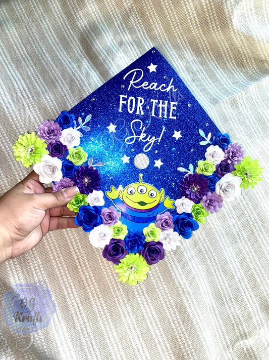 READY TO SHIP Reach for the Sky Graduation Cap Topper Class of 2026 Graduation Topper Grad Cap Designs Viral Girly Alien Cap Topper