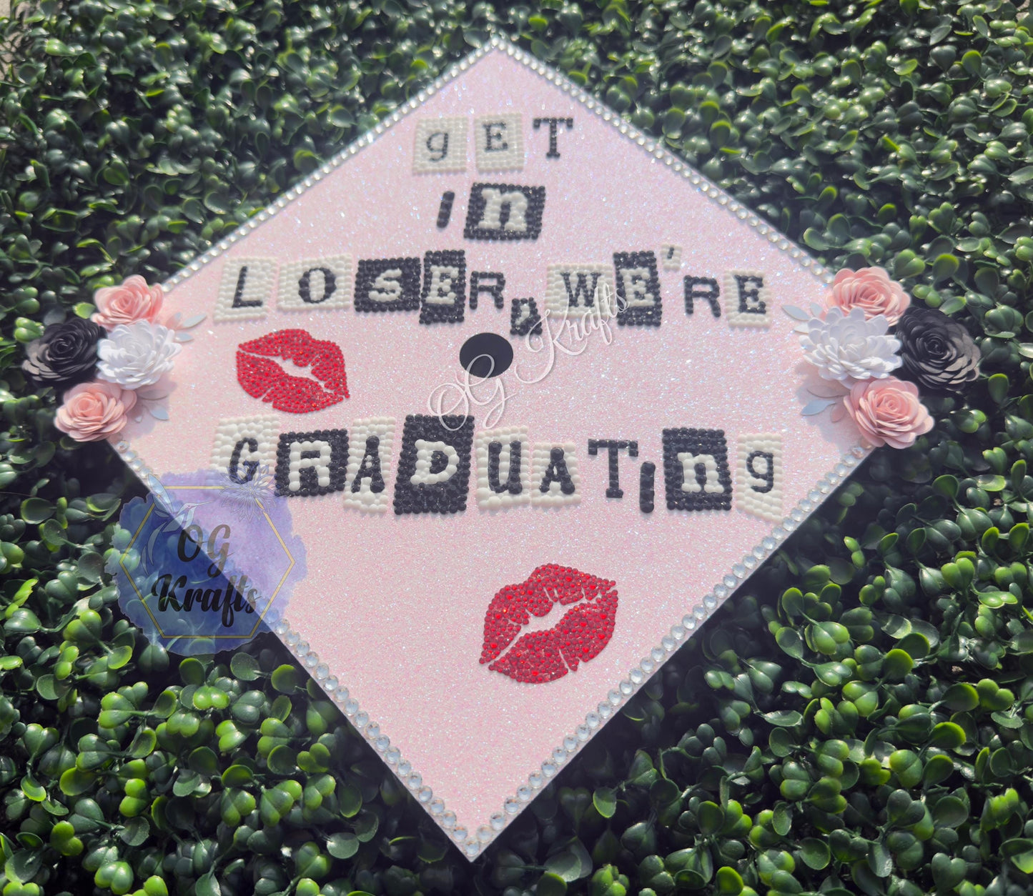 Get in Loser partial bling graduation cap topper Class of 2026 custom grad cap Senior 2026 Cute Girly Bling Grad Cap Design Pink Girly Grad
