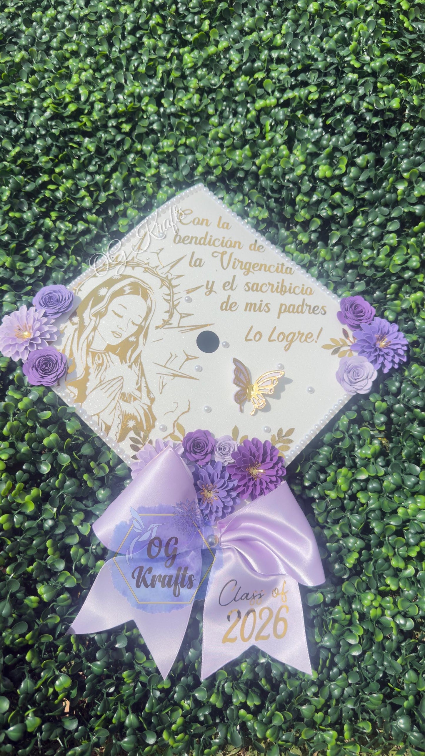 READY TO SHIP Virgen Purple Graduation Cap Topper Class of 2026 Cute Virgencita Grad Cap Topper Virgencita Flower Grad Cap with Bow Viral