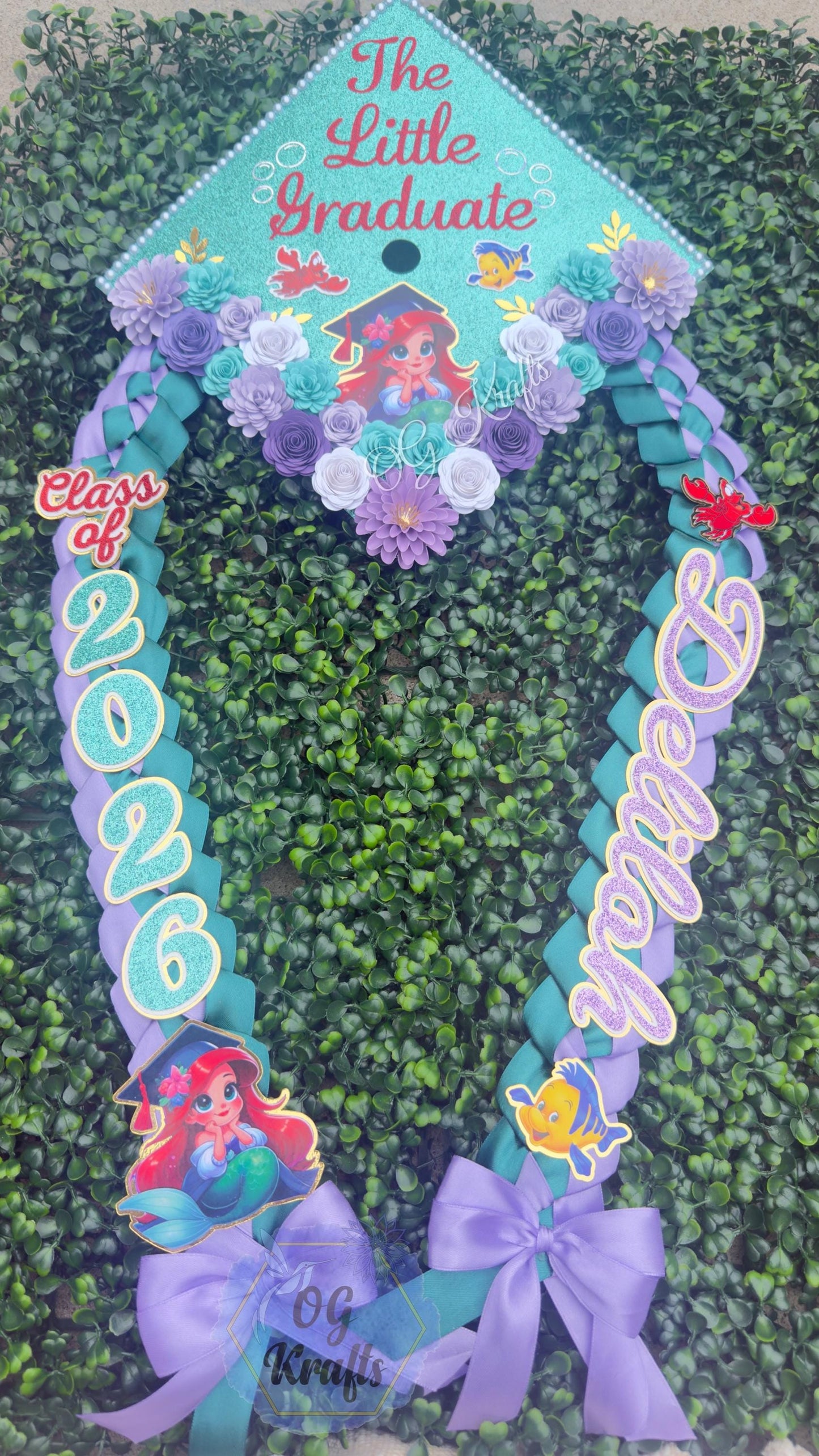Mermaid Kindergarten Graduation Topper Lei Bundle Personalized Grad Cap Graduation Lei Class of 2026 Graduation Topper Sea Princess Kinder
