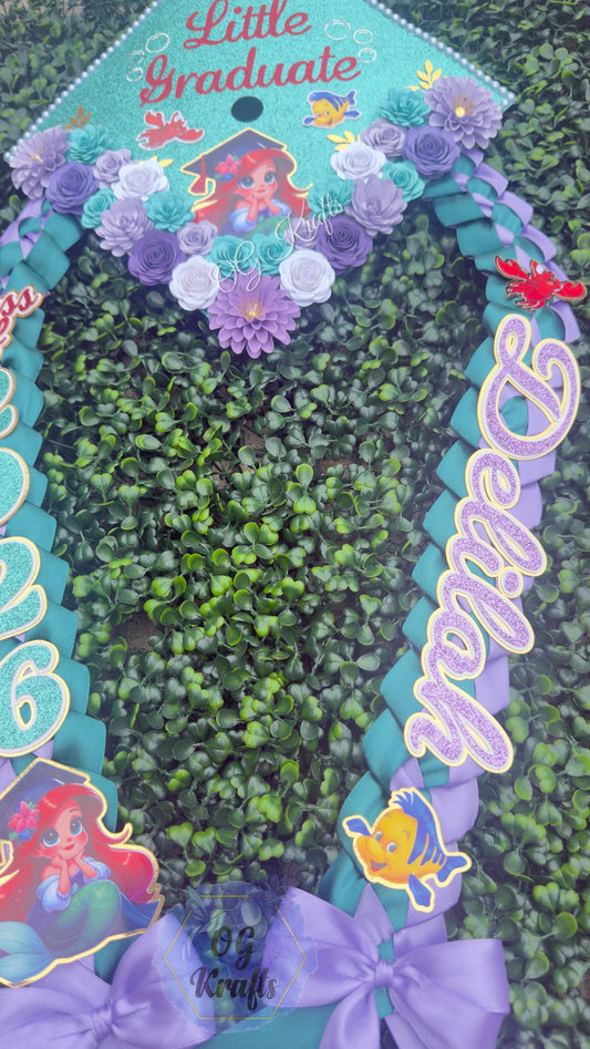 Mermaid Kindergarten Graduation Topper Lei Bundle Personalized Grad Cap Graduation Lei Class of 2026 Graduation Topper Sea Princess Kinder