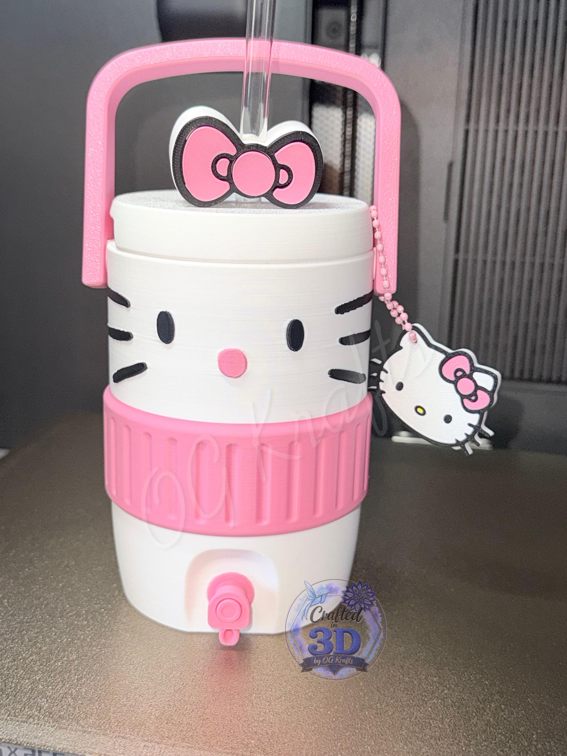 HK Inspired 12 oz Can Holder with Straw, Bow Topper & Charm 3D Printed Kawaii Can Cooler C
