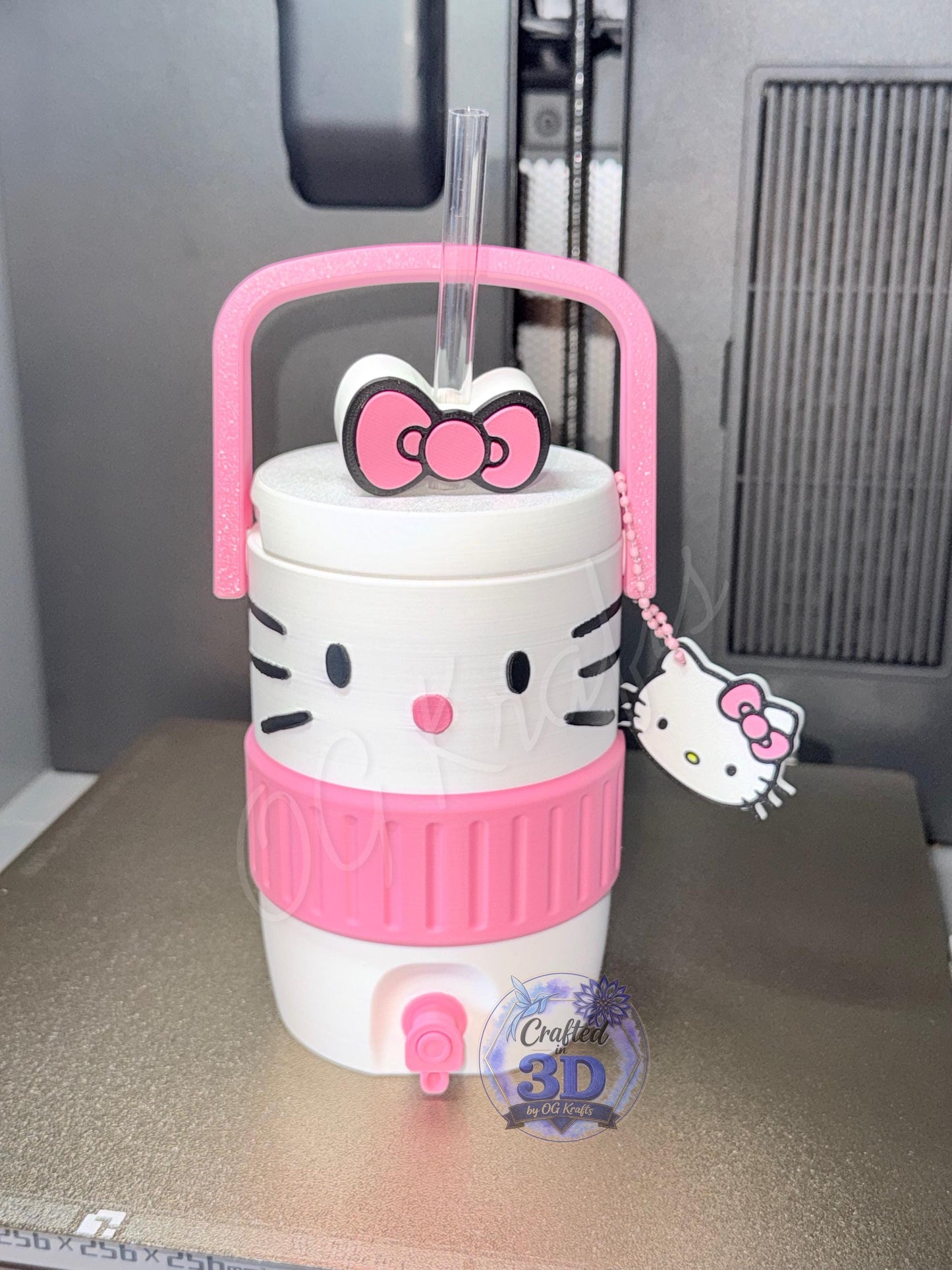 HK Inspired 12 oz Can Holder with Straw, Bow Topper & Charm 3D Printed Kawaii Can Cooler C