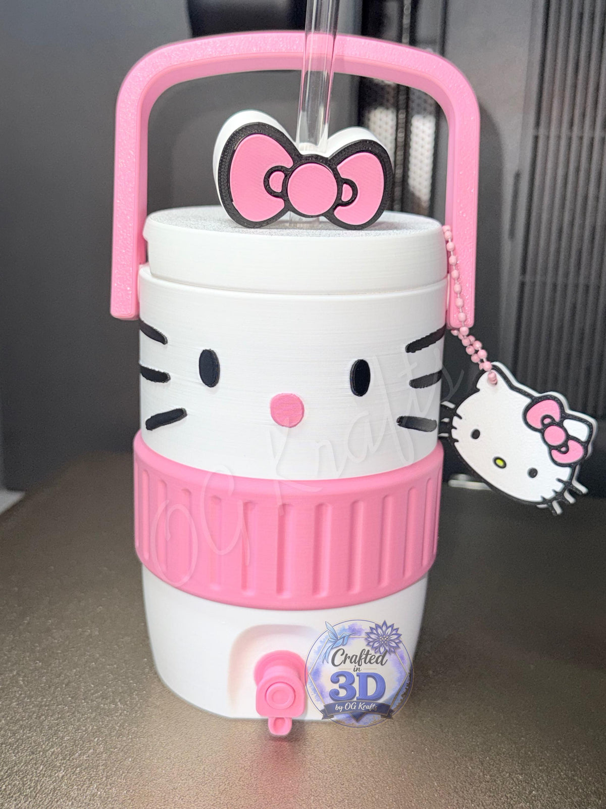 HK Inspired 12 oz Can Holder with Straw, Bow Topper & Charm 3D Printed Kawaii Can Cooler C