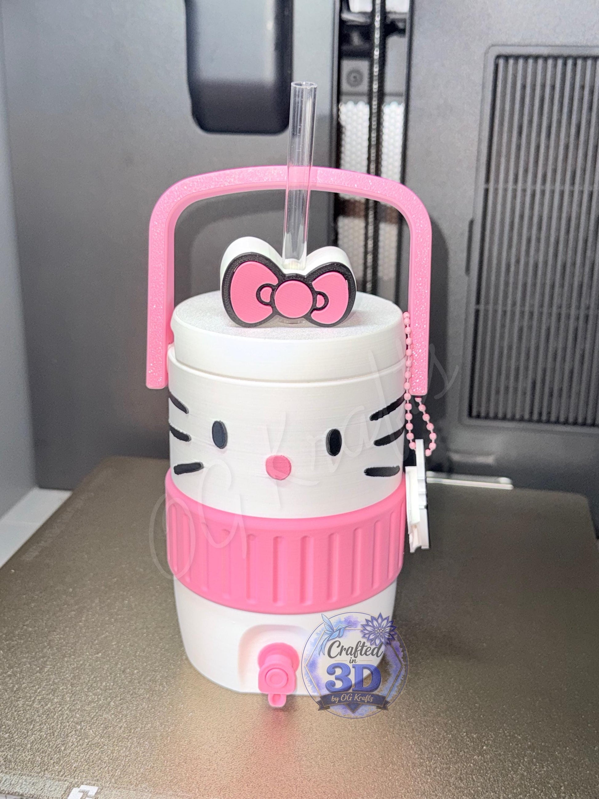 HK Inspired 12 oz Can Holder with Straw, Bow Topper & Charm 3D Printed Kawaii Can Cooler C