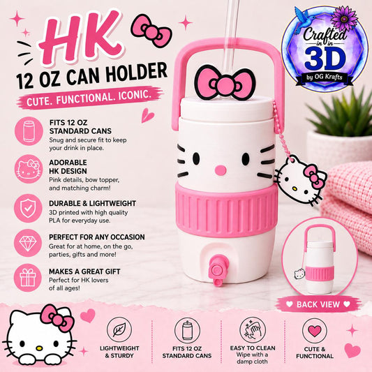 HK Inspired 12 oz Can Holder with Straw, Bow Topper & Charm 3D Printed Kawaii Can Cooler C